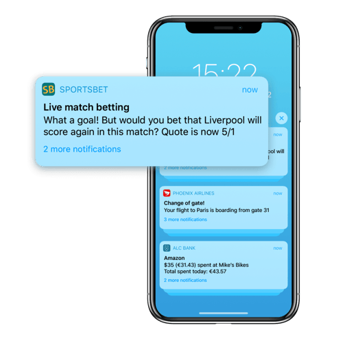 An app push sent in real time by a sports betting and gaming brand